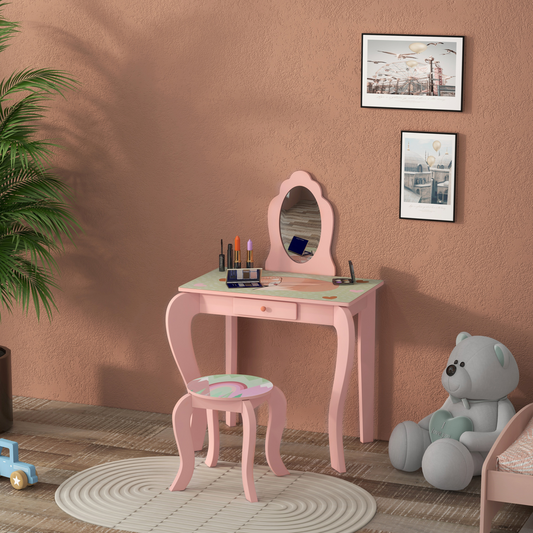Kids Dressing Table Set with Stool & Mirror – Pink Animal Design
