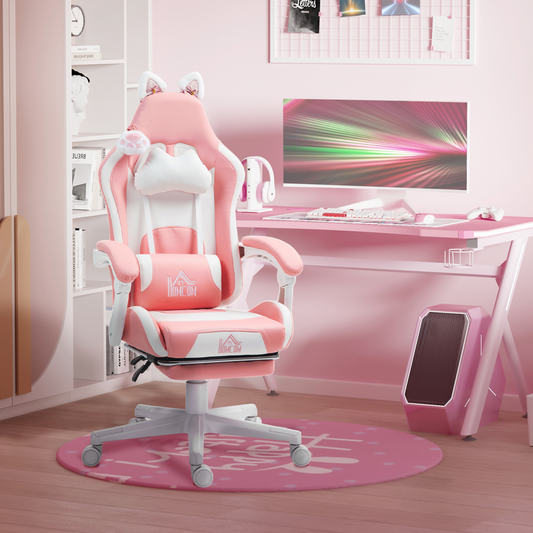 Pink Gaming Chair with Cat Ears & Paw – Reclining, Adjustable & Cute Comfort HOMCOM