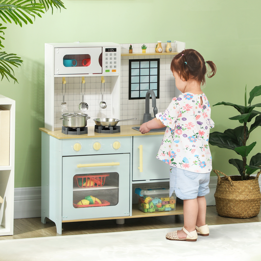 Kids Wooden Play Kitchen with Stove, Oven & Sink – Blue & White