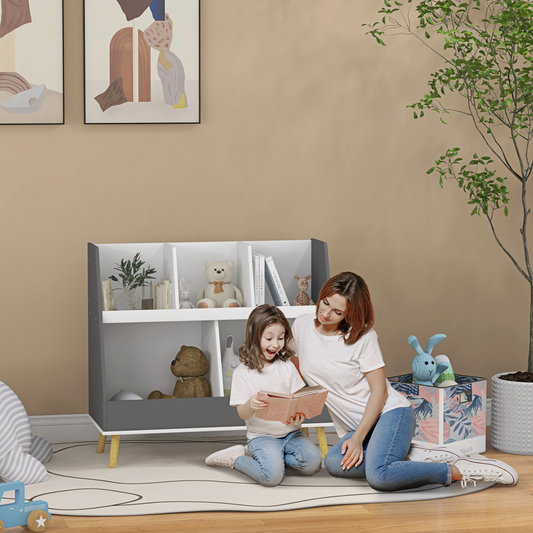 Kids Storage Shelf – Grey & White, 2-Tier with 5 Compartments HOMCOM