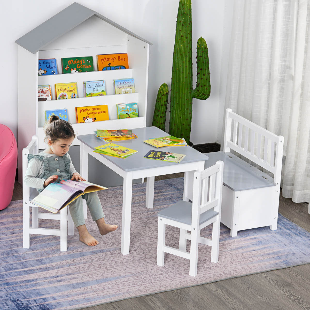 🪑 4-Piece Kids Wooden Table & Chair Set with Storage
