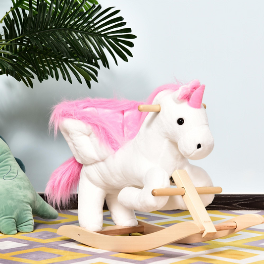 HOMCOM Kids Wooden Ride-On Unicorn Rocking Horse with Music – Pink & White (18+ Months)