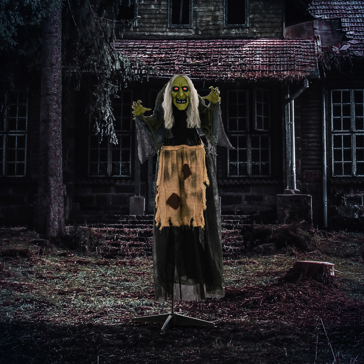 160cm Hunchback Witch Halloween Animatronic with Moving Head & Glowing Eyes – Khaki/Grey/Black