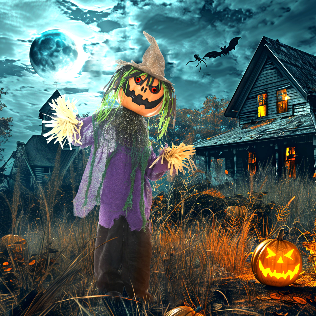 114cm Pumpkin Scarecrow Halloween Animatronic with Lights & Sound – Purple/Black