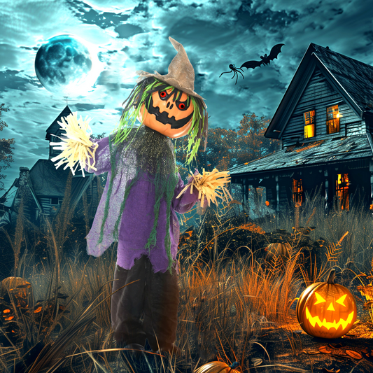 114cm Pumpkin Scarecrow Halloween Animatronic with Lights & Sound – Purple/Black