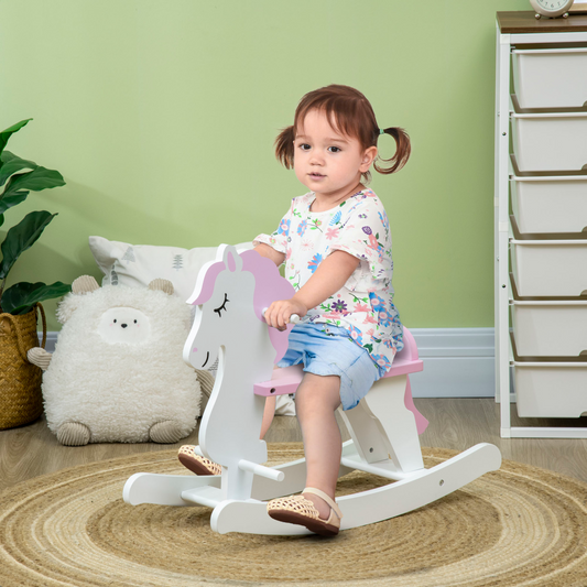 Adorable Pink Kids' Wooden Rocking Horse with Handlebar & Pedals - Safe Fun!
