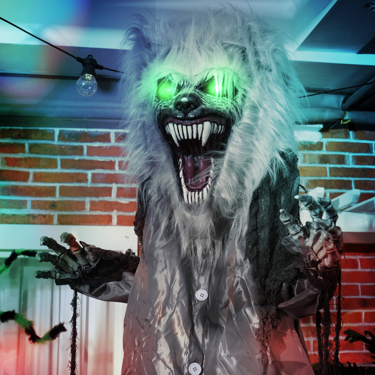 210cm Skeleton Werewolf Halloween Animatronic with Pop-Up Head & Glowing Eyes – Grey/Blue