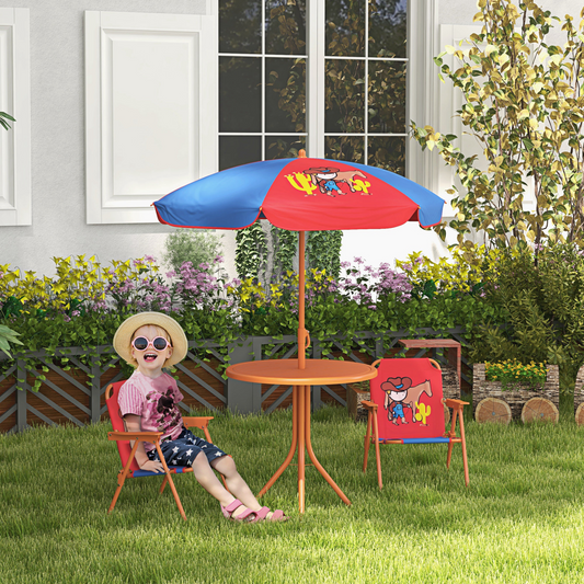 Kids Cowboy-Themed Garden Set – 4-Piece Table, Chairs & Adjustable Parasol (Ages 3–6)