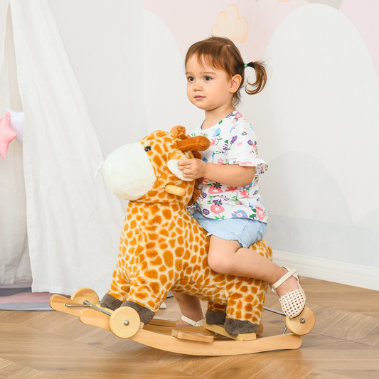 Kids 2-in-1 Giraffe Rocking Horse with Wheels & Sound – Wooden Frame Plush Ride-On Toy