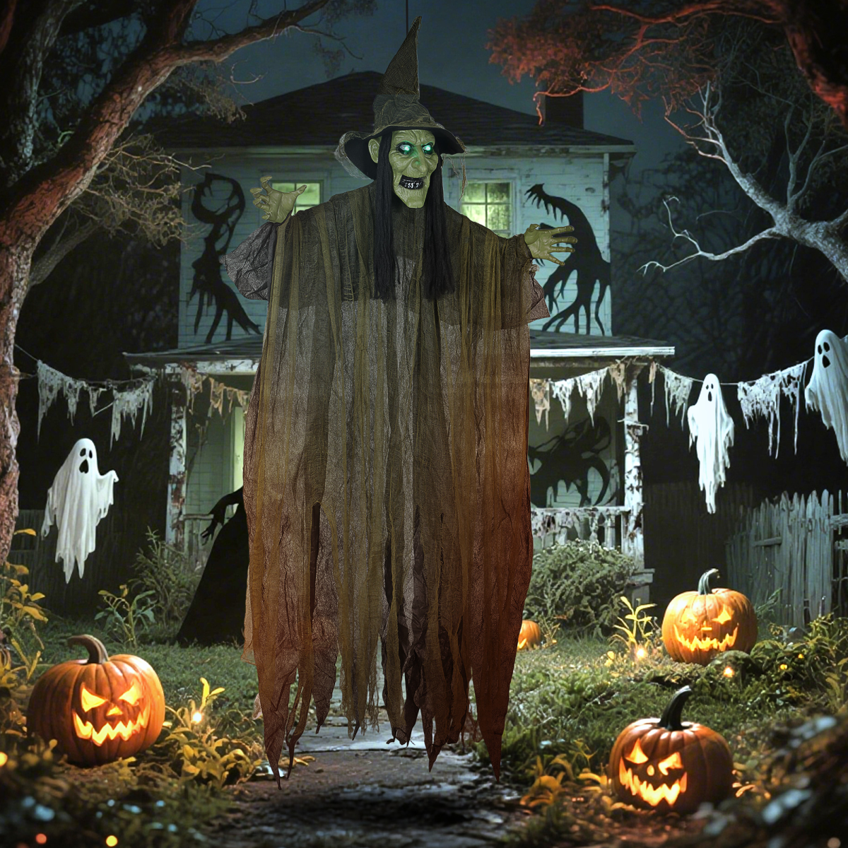 170cm Life-Size Halloween Witch with Sound, Lights & Motion – Green