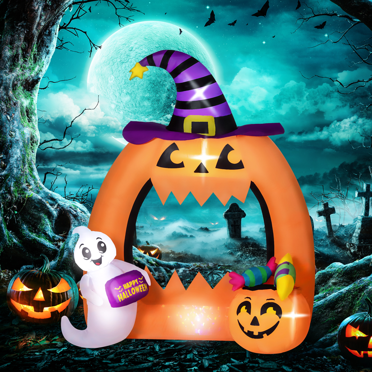150cm Inflatable Halloween Pumpkin Archway with Ghost & LED Lights – Orange