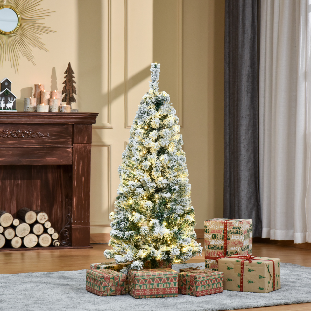 Decorated Christmas tree with lights and presents in a living room setting.