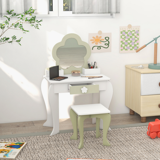 Kids Dressing Table Set with Stool & Mirror – White & Yellow Flower Design
