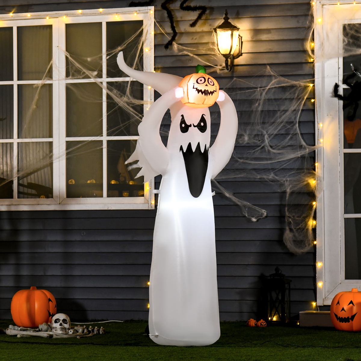 6FT (1.8m) Inflatable Ghost & Pumpkin with LED Lights – Outdoor Halloween Decoration
