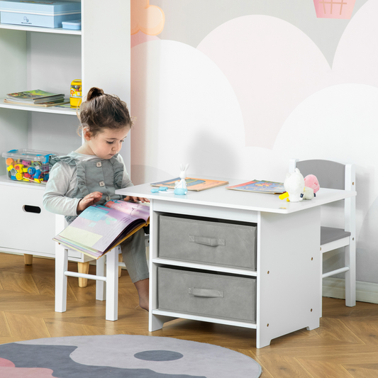 Child sitting at a white desk with gray drawers, reading a book in a room with shelves and toys.