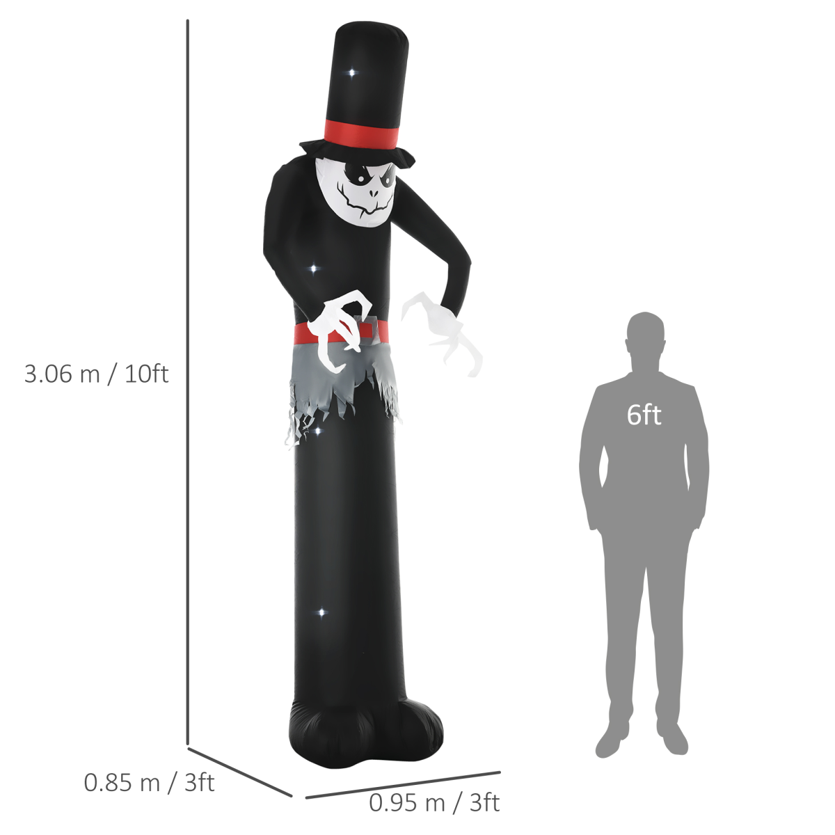 10FT Inflatable Halloween Skinny Ghost with Tall Hat & LED Lights – Outdoor Yard Decoration