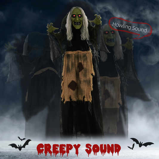 160cm Hunchback Witch Halloween Animatronic with Moving Head & Glowing Eyes – Khaki/Grey/Black