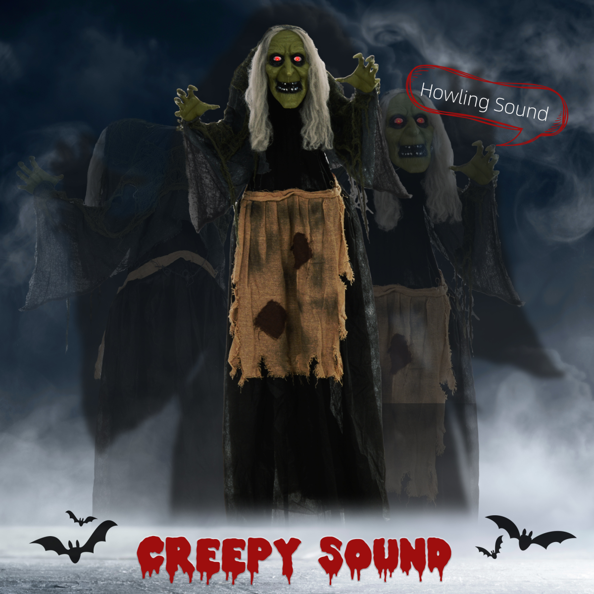 160cm Hunchback Witch Halloween Animatronic with Moving Head & Glowing Eyes – Khaki/Grey/Black