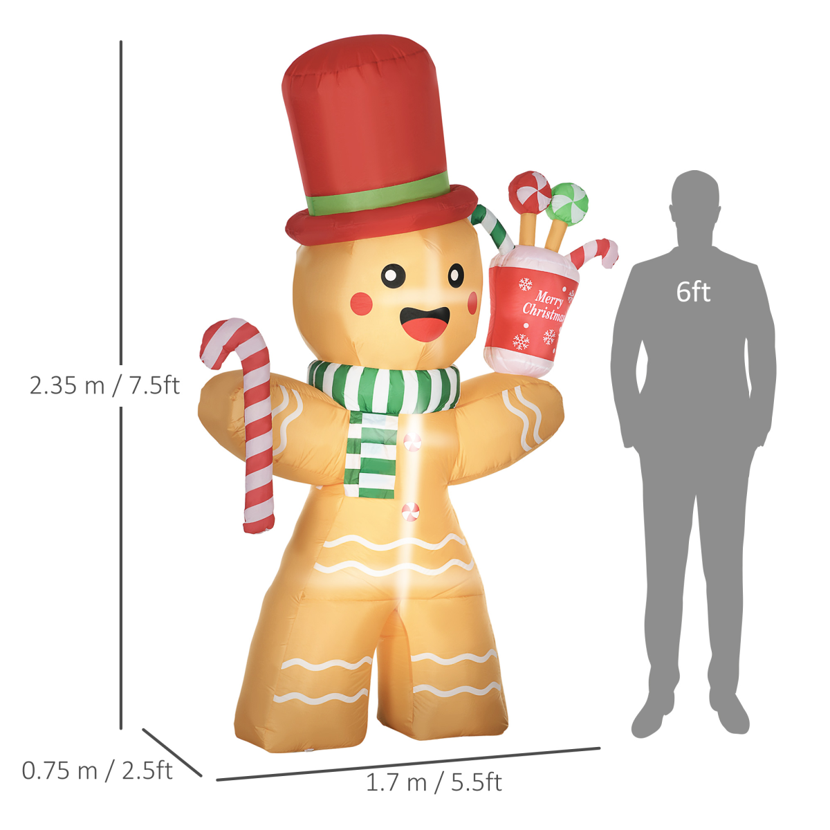Inflatable gingerbread man decoration with candy canes and a cup, shown with height measurements and a silhouette for scale.