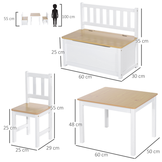 4-Piece Set Kids Wood Table Chair Bench Storage Function for 3 Years+ HOMCOM
