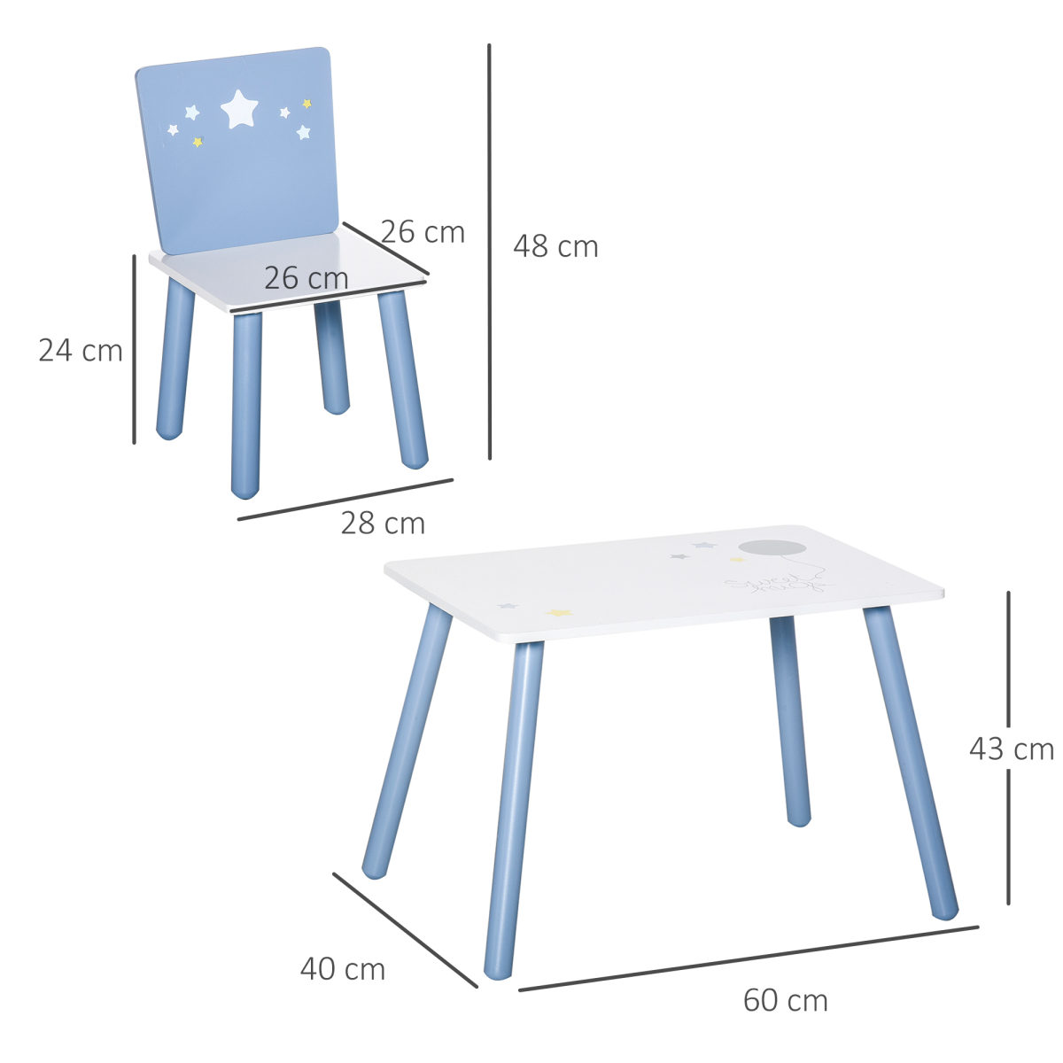 Kids 3-Piece Table & Chair Set with Stars & Balloons Design – White & Blue (Ages 2–4)