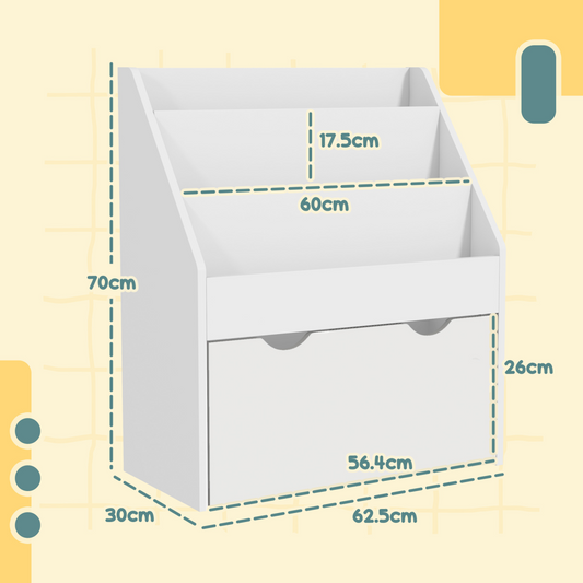 Kids Storage Cabinet with Shelves & Wheeled Drawer – White (Ages 3–8)