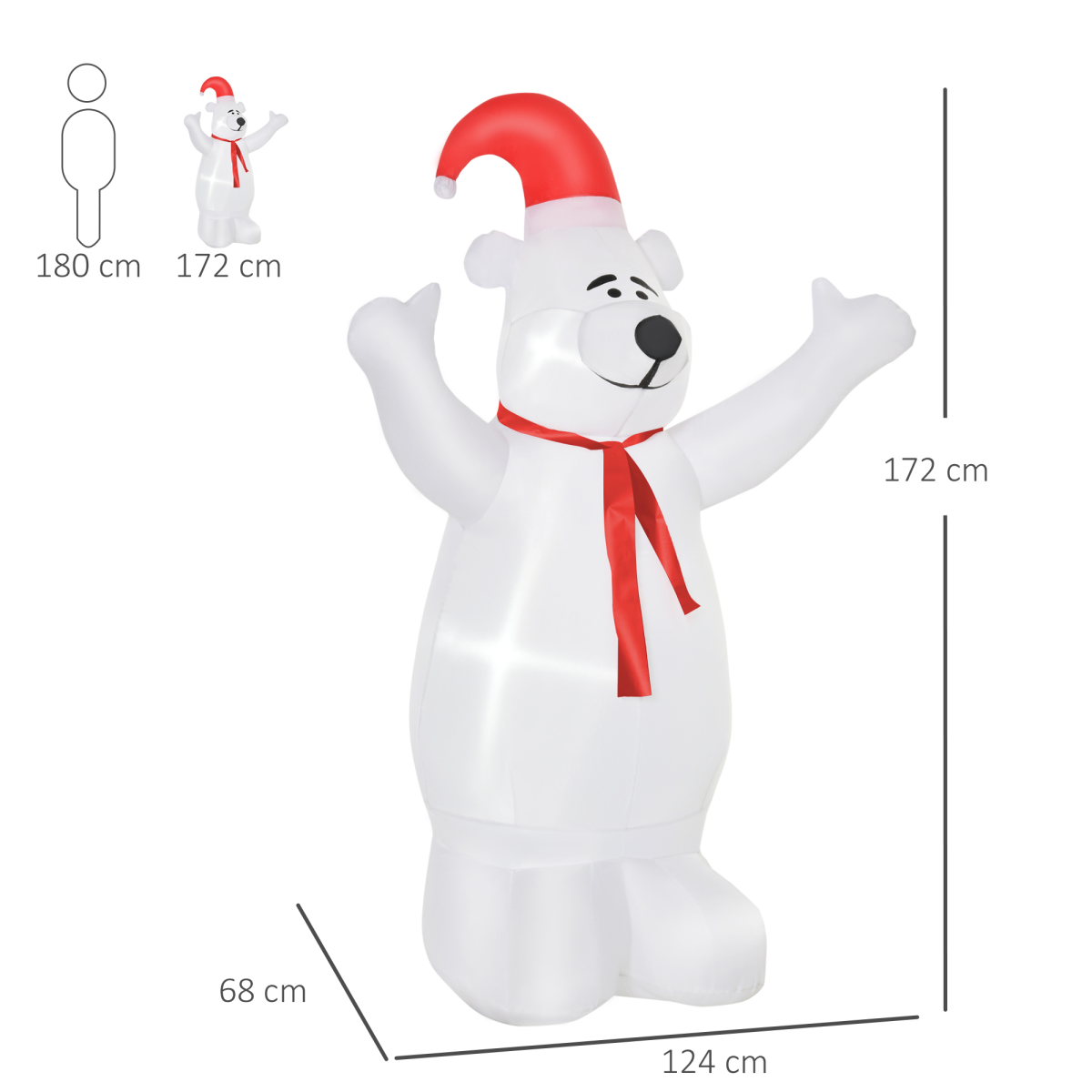 Inflatable polar bear with a Santa hat and red scarf, shown with size reference next to a person.