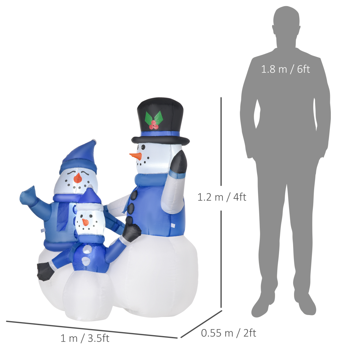 Inflatable snowman family with dimensions and a person for scale on a white background