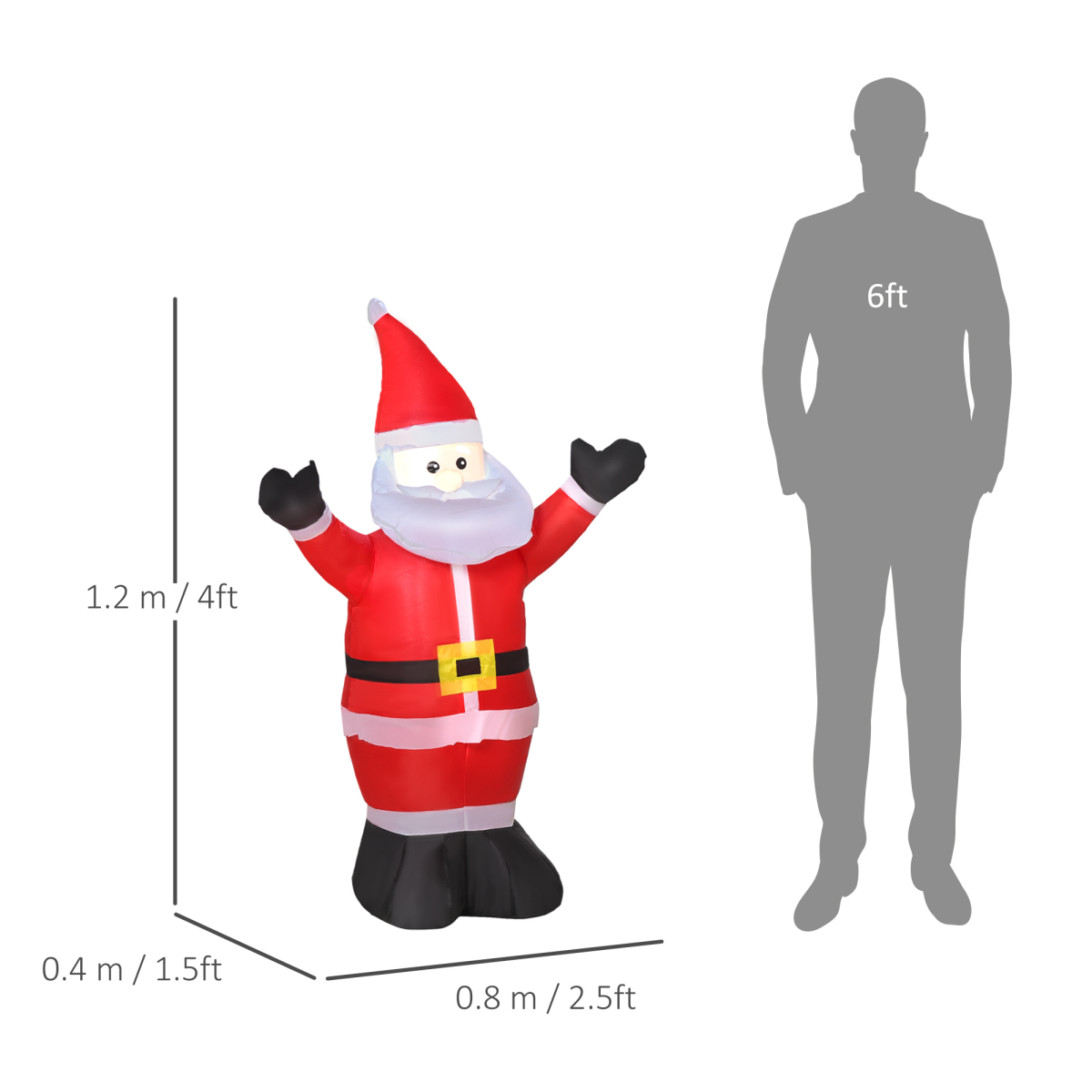 Inflatable Santa Claus figure with dimensions and a person for scale on a white background