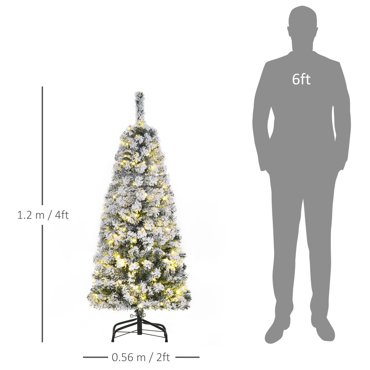 Pine Christmas tree with measurements and a person silhouette for scale on a white background