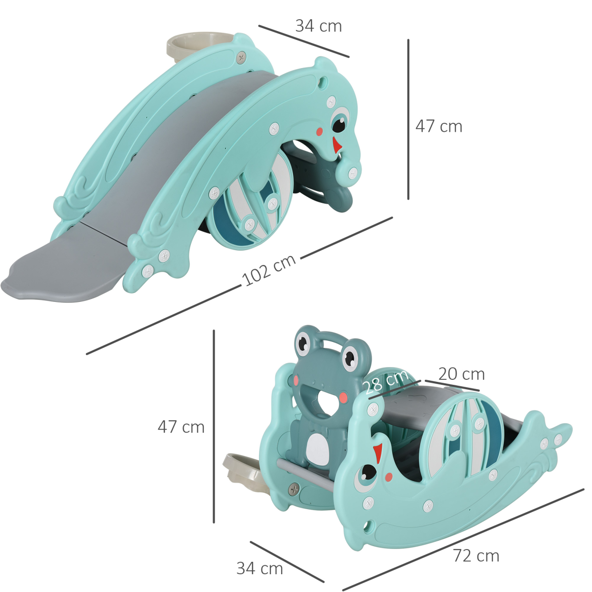 3-in-1 Kids Rocking Horse, Slide & Basketball Hoop – Frog & Dolphin Design