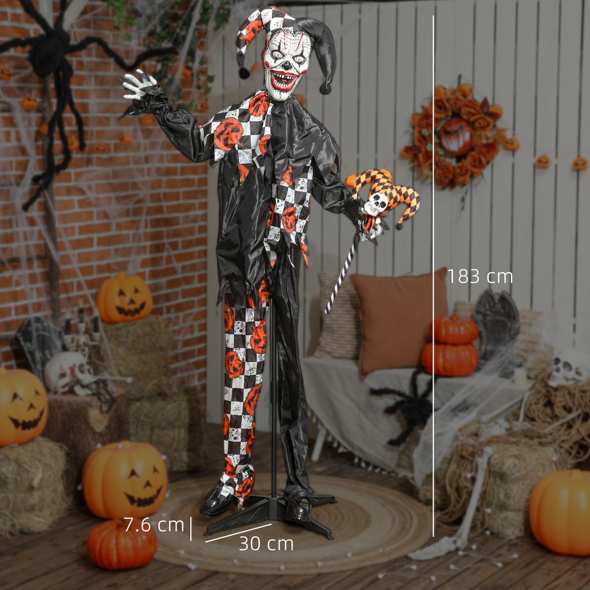 183cm Life-Size Animated Halloween Clown with Sound, Lights & Motion – Black/Orange