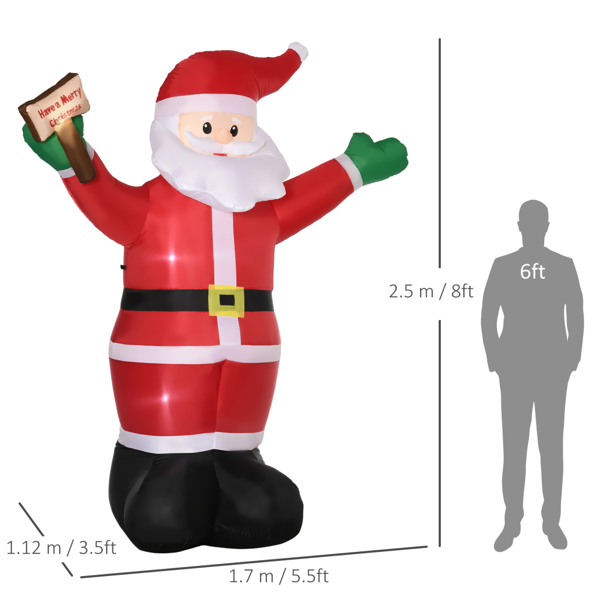Inflatable Santa Claus decoration with dimensions and a silhouette for scale on a white background