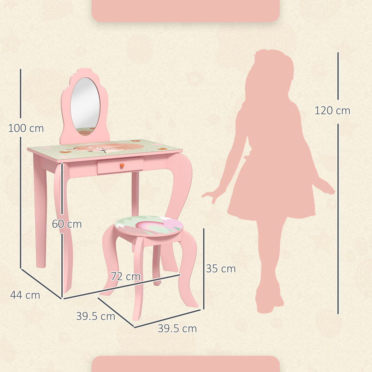 Kids Dressing Table Set with Stool & Mirror – Pink Animal Design