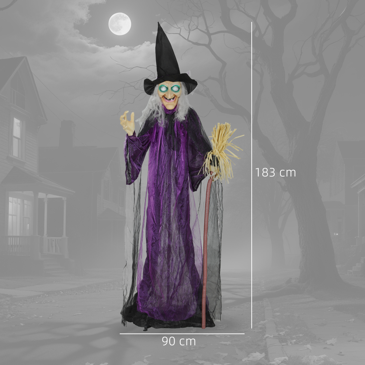183cm Life-Size Halloween Witch with Rotating Head, Sound & Lights – Purple/White