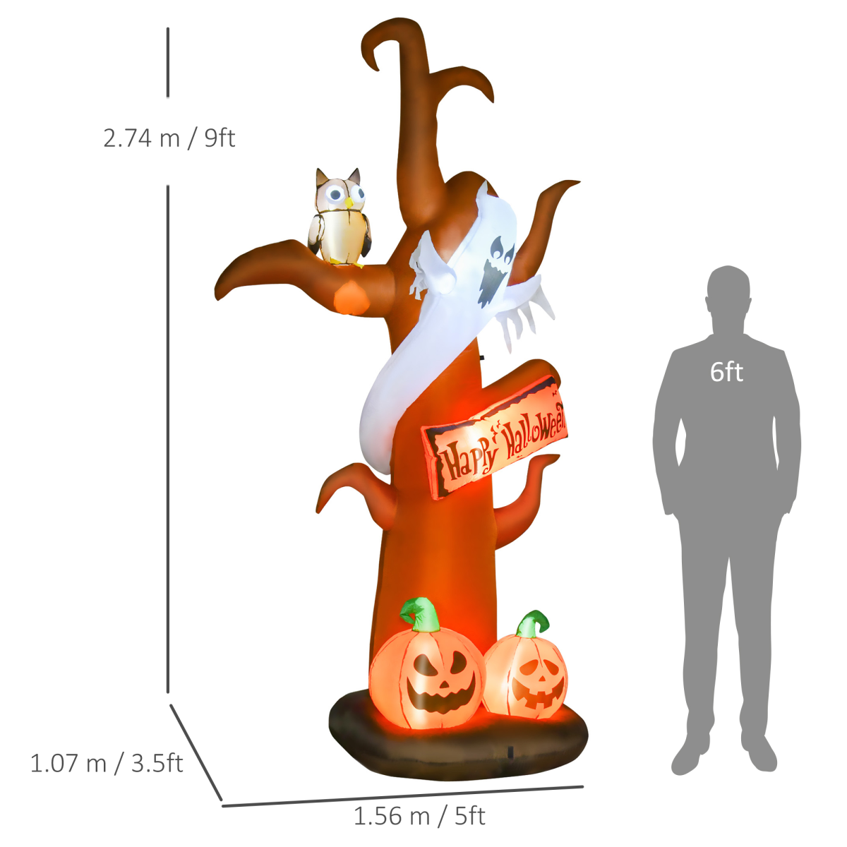 2.7m Inflatable Halloween Tree with Ghost & Pumpkin and LED Lights – Indoor/Outdoor Decoration