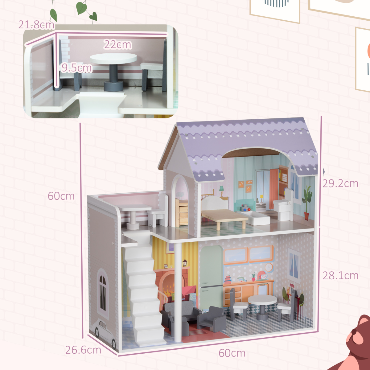 Wooden Dollhouse with Furniture & Balcony – Multicolour (60cm, Ages 3–6)