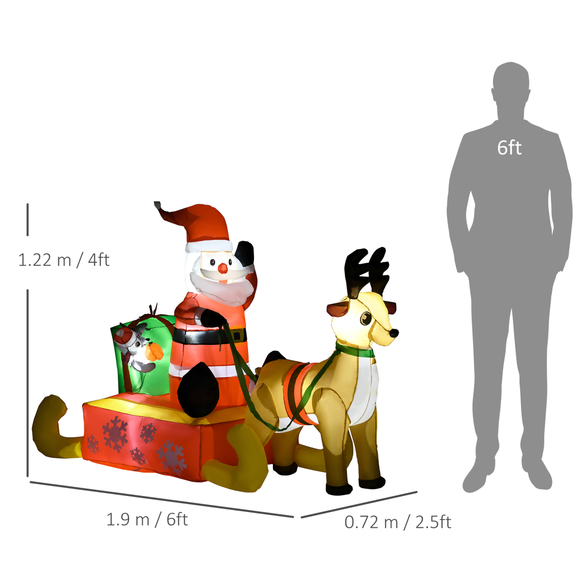 Inflatable Santa Claus and reindeer with dimensions and a person for scale on a white background
