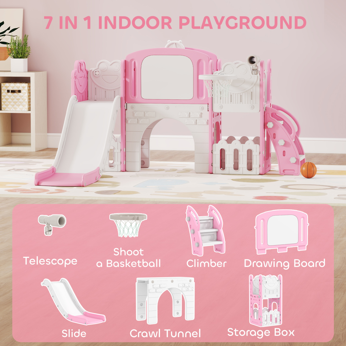 7-in-1 Indoor Playground Slide Set – Pink & White