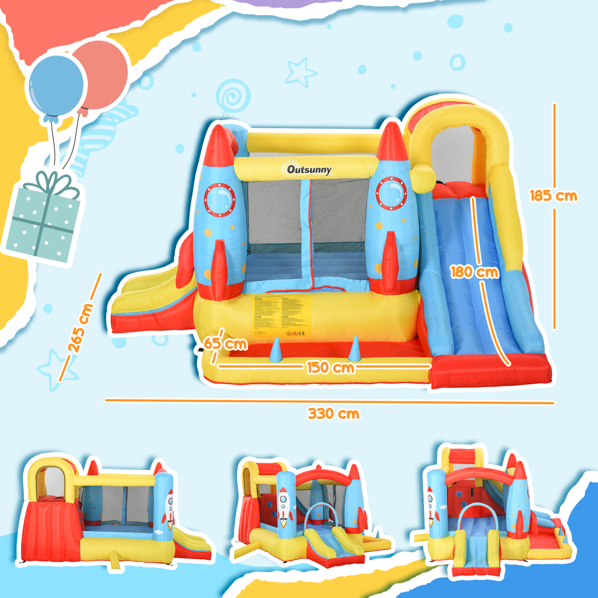 Bouncy Castle with Slide Pool Rocket Trampoline w/ Carrybag Blower