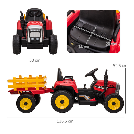 HOMCOM Ride-On Tractor with Remote Control & Detachable Trailer – Red