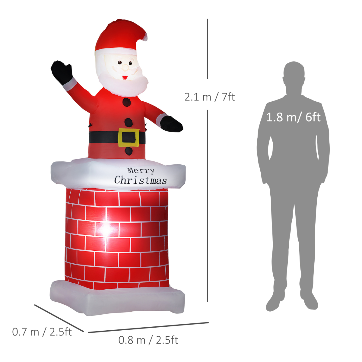 Inflatable Santa Claus decoration with height measurement against a person