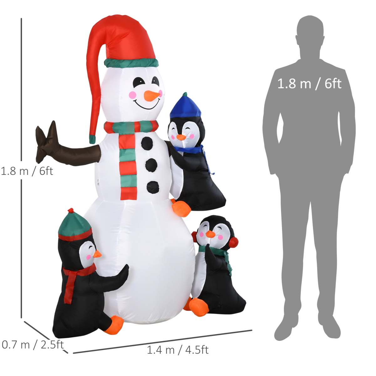 Inflatable snowman with penguins and measurement chart against a white background