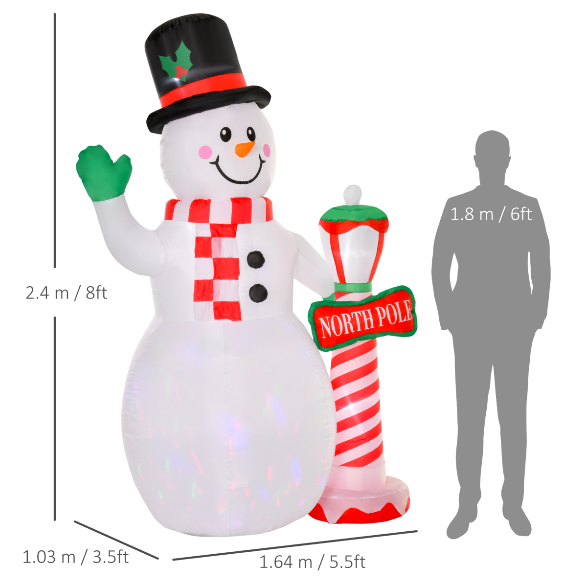 Inflatable snowman with a candy cane pole and 'North Pole' sign, with dimensions and a person for scale on a white background.