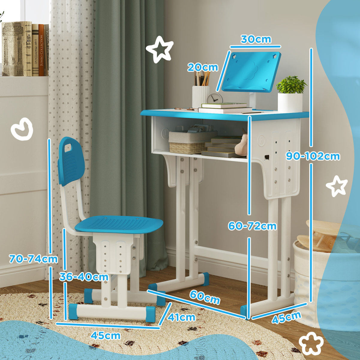Adjustable Kids’ Study Desk & Chair Set with Storage – Blue (Ages 6–12)