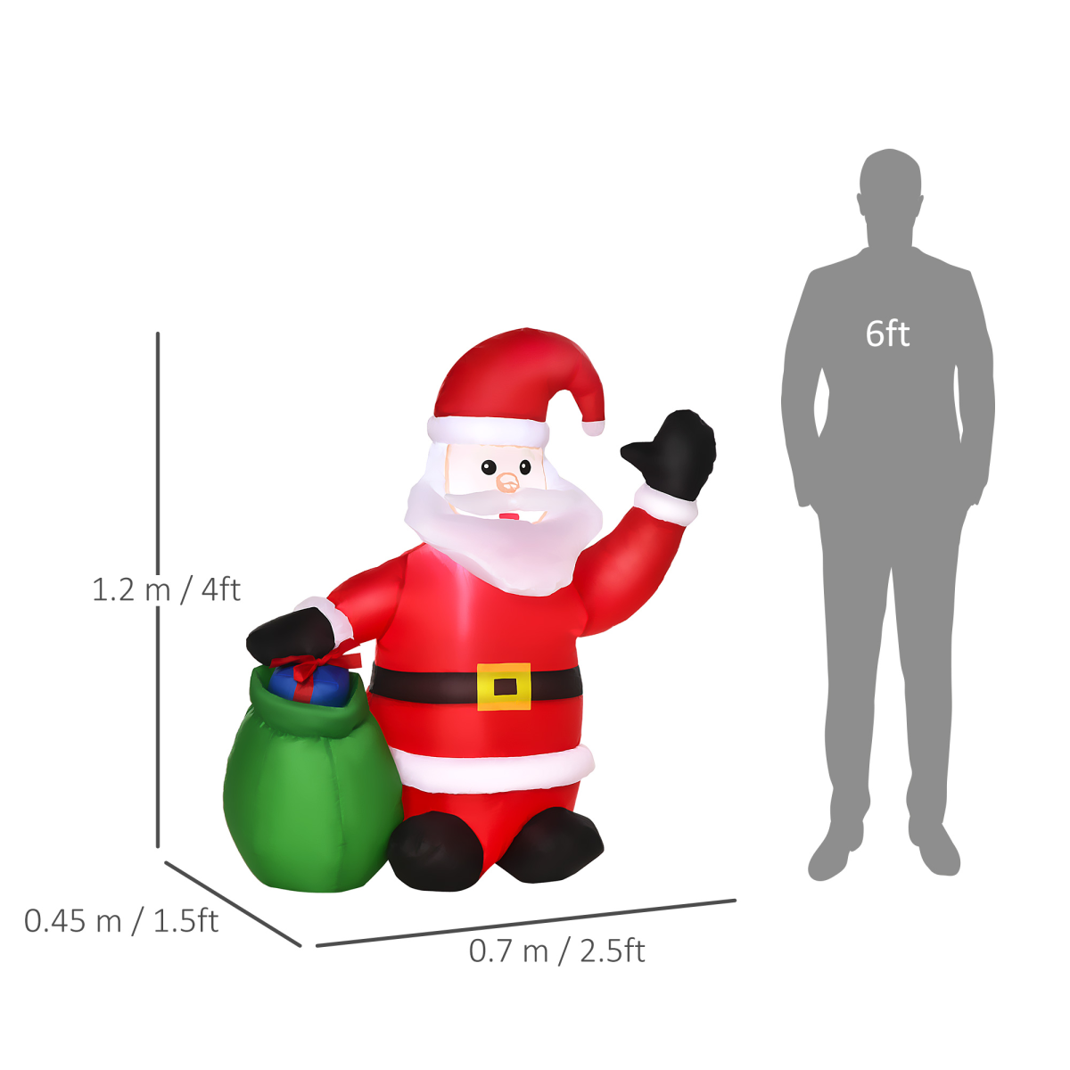 Inflatable Santa Claus figure with dimensions and a person for scale on a white background
