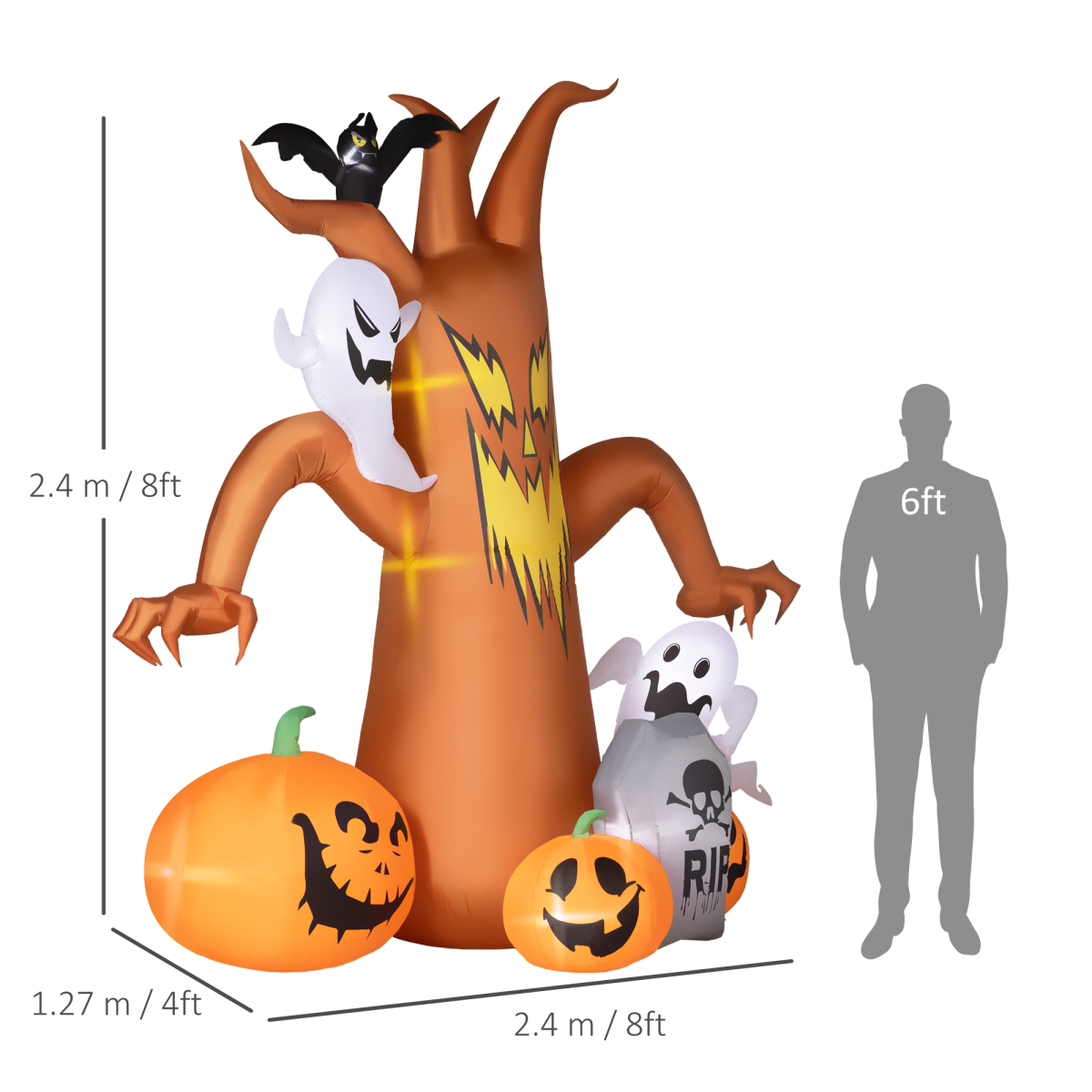 2.4m Inflatable Halloween Horror Tree with Ghosts, Pumpkins, Bat & Tombstone – LED Lights