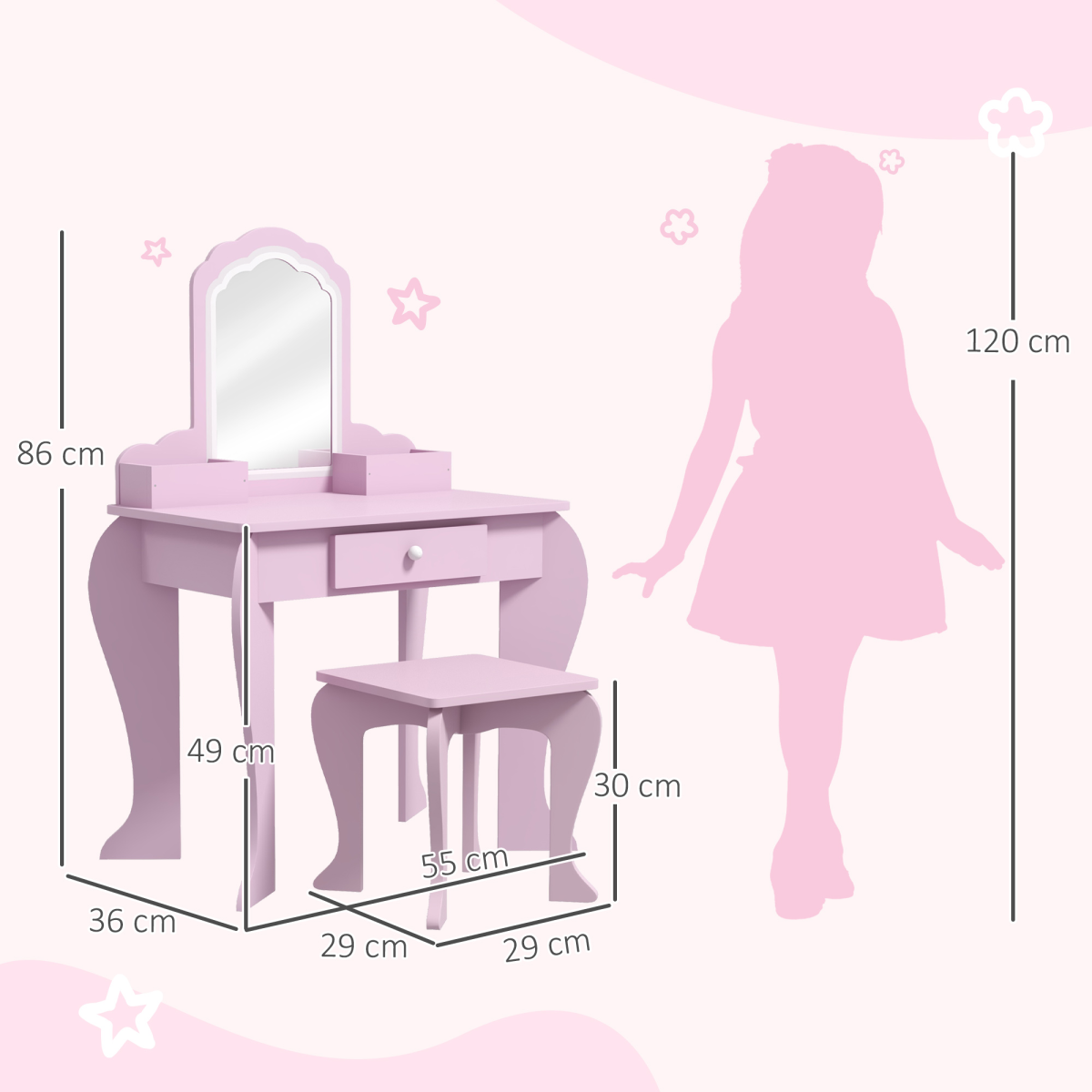 Kids Vanity Table & Stool Set with Cloud Mirror – Pink
