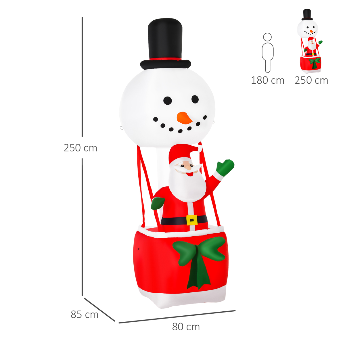 Inflatable Santa Claus snowman decoration with measurements on a white background