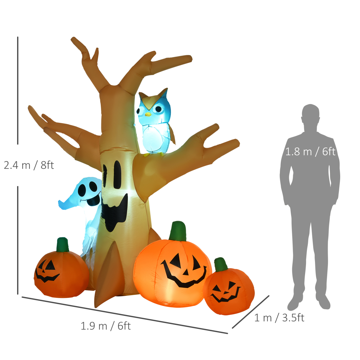 2.4m Inflatable Halloween Tree with Ghost, Pumpkins, Owl & LED Lights – Outdoor Yard Decoration